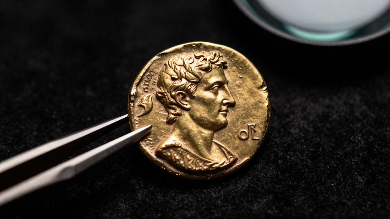 Moneda romana de Tiberio exhibiendo un error de acuñación distintivo, resaltando su rareza numismática.