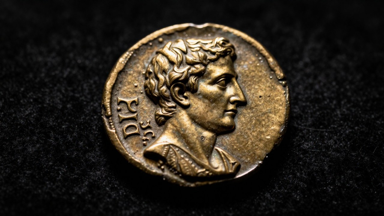 Moneda Aureus romana antigua exhibida para resaltar un defecto específico en su acuñación.