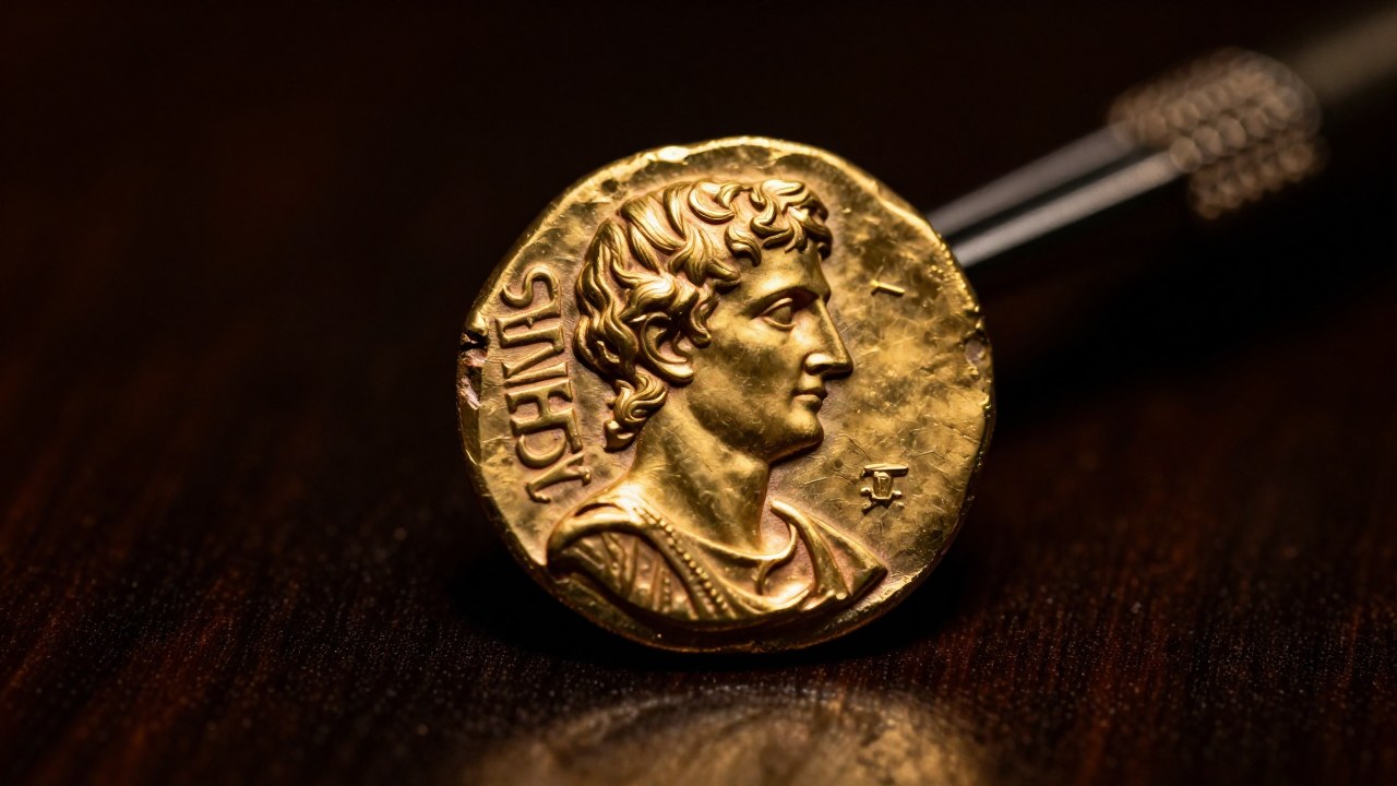 Moneda aurea romana antigua con símbolos imperiales relacionados con Augusto.