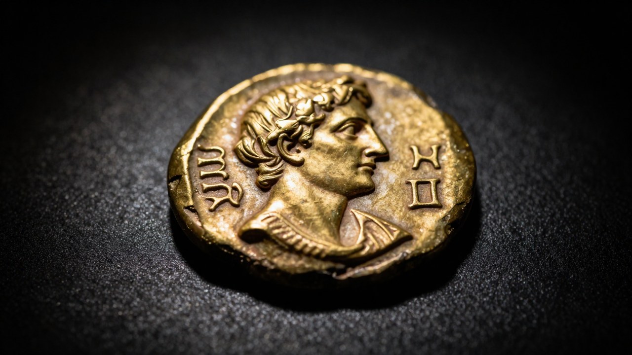 Moneda aurea romana antigua con iconografía grabada, presentada en un contexto de análisis numismático.