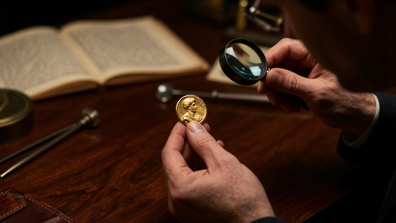 Numismático examina meticulosamente un aureus de oro romano de Augusto con ayuda de una lupa.