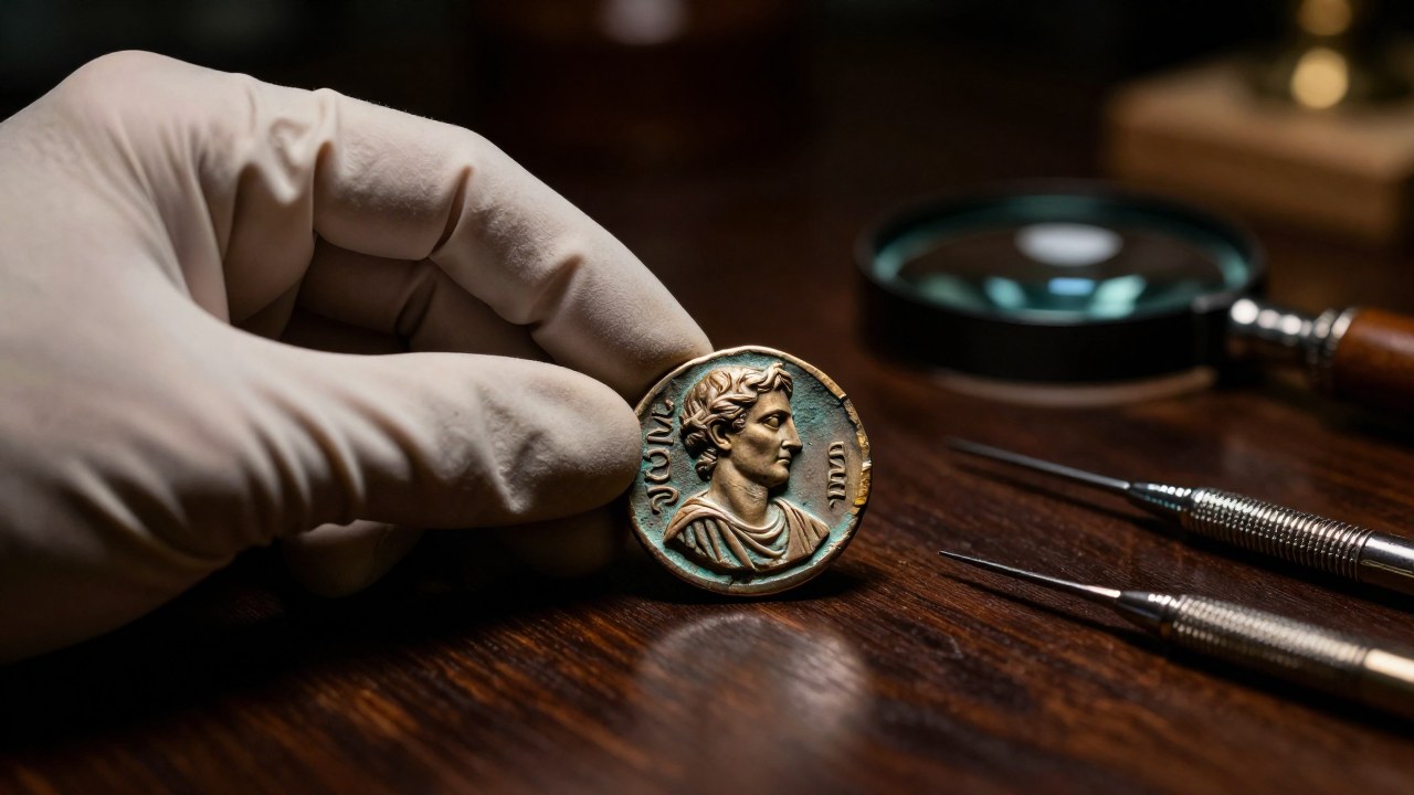 Numismático examina cuidadosamente un Sestercio romano antiguo detallado en una mesa de madera oscura.