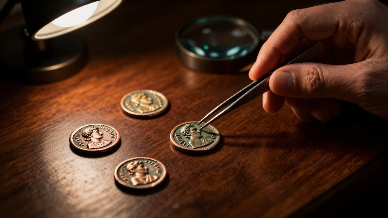 Una mano examina meticulosamente una moneda romana antigua en una mesa de trabajo numismática.