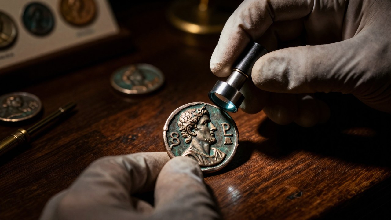 Manos enguantadas examinan un Sestertius romano antiguo con una lupa de alta magnificación.