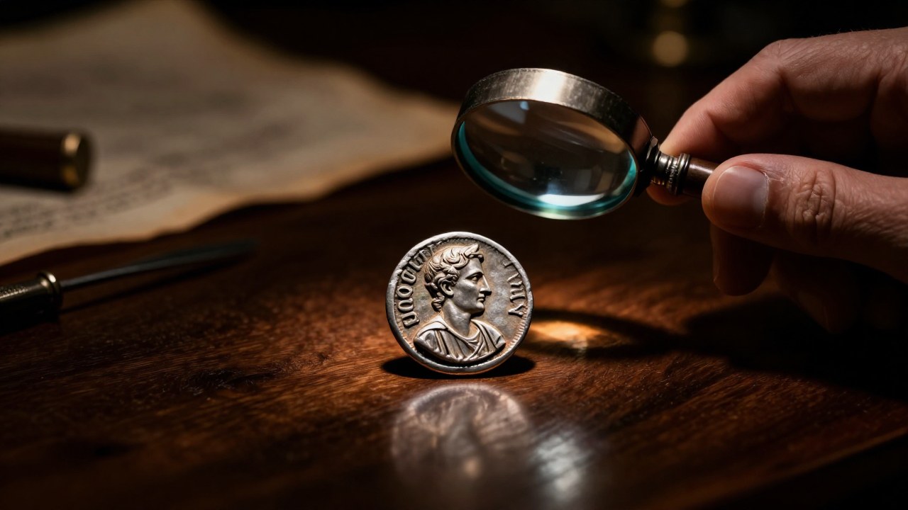 Mano de un experto con guante examina cuidadosamente un denario romano antiguo con una lupa.