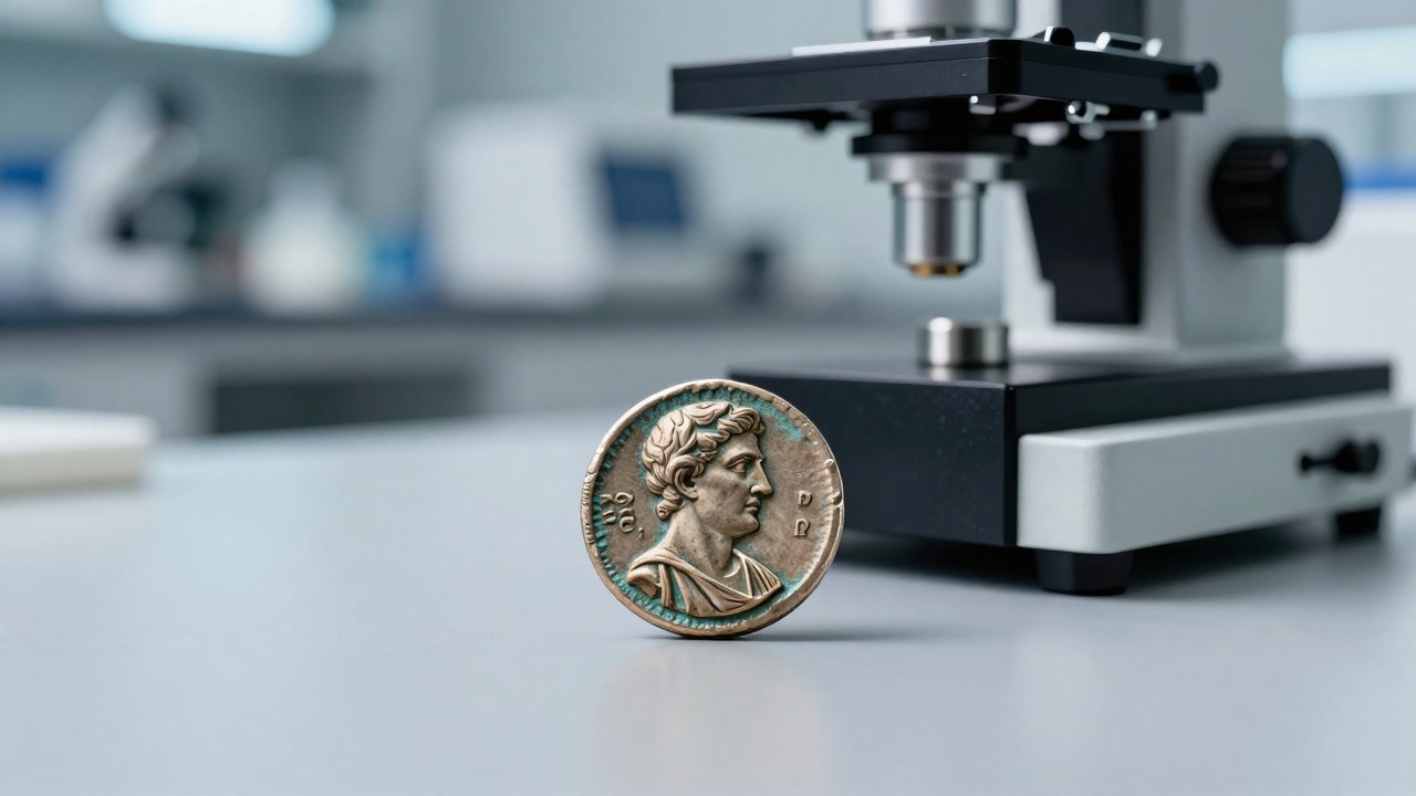 Denario romano antiguo bajo el análisis detallado de un instrumento científico en laboratorio.