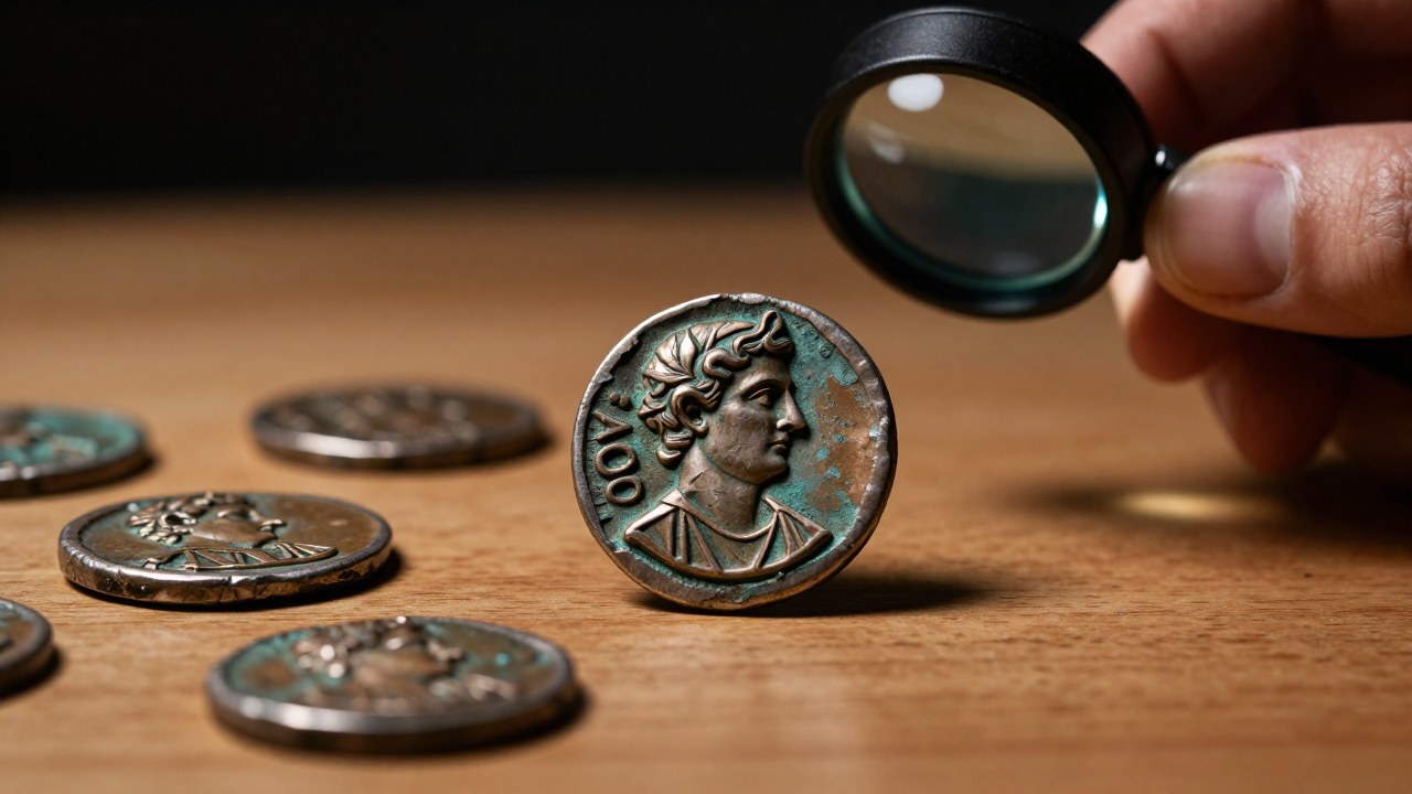 Numismático examinando cuidadosamente monedas antiguas republicanas de Denario con señales de desgaste y anomalías.