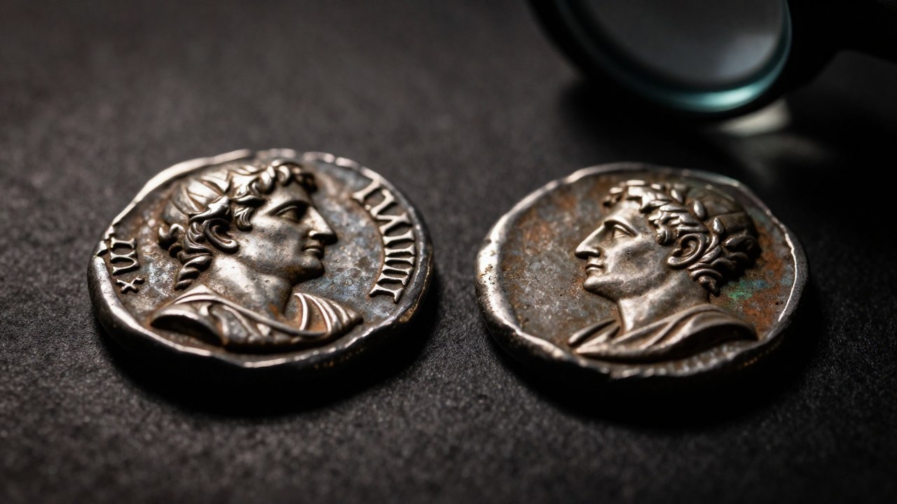 Dos denarios romanos muestran la diferencia entre el detalle del golpe y la textura de la fundición.