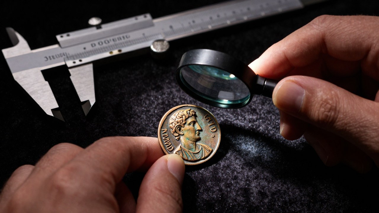 Manos de un especialista examinando una antigua moneda romana con lupa para verificar su autenticidad.