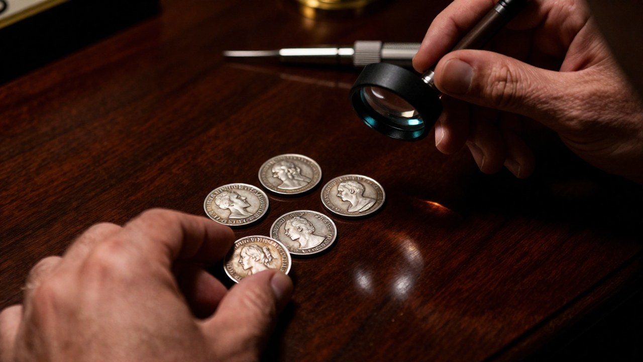 Un numismatólogo examina monedas antiguas de Plata Reales de la Guerra de Independencia con lupa y herramientas.