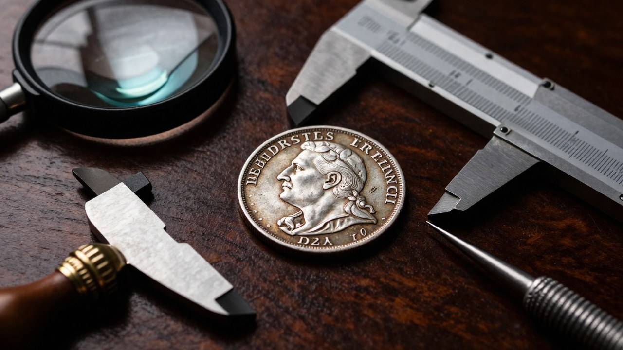 Moneda de plata colonial española siendo examinada con lupas y herramientas numismáticas sobre madera oscura.