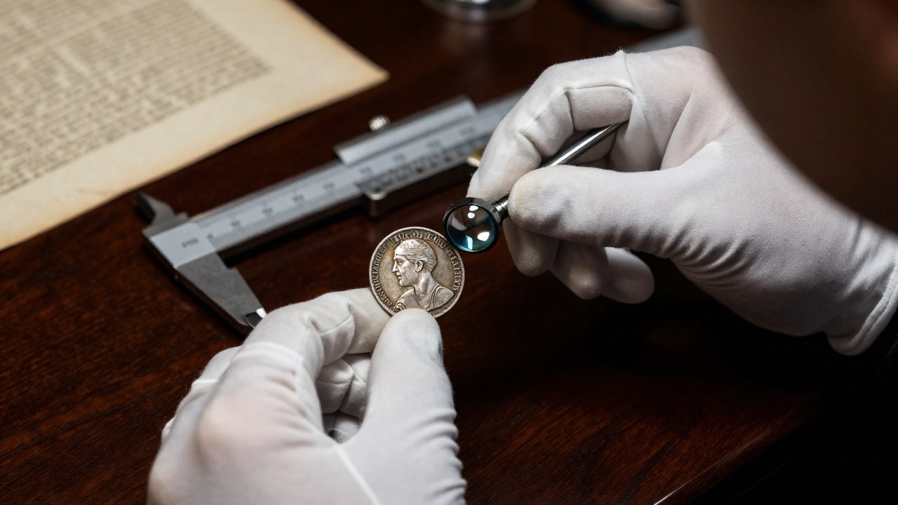 Un numismático profesional examina una antigua moneda de plata española de la Guerra de Independencia.