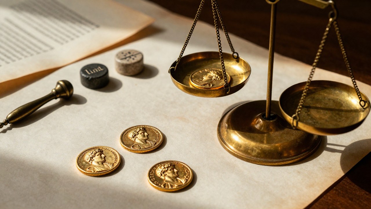 Monedas romanas de oro dispuestas en una balanza antigua sobre un escritorio para la verificación de peso.