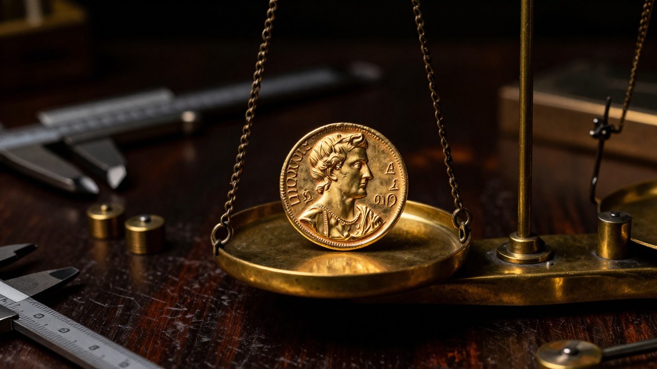 Un Aureus de oro romano antiguo reposa equilibrado sobre una balanza de precisión.