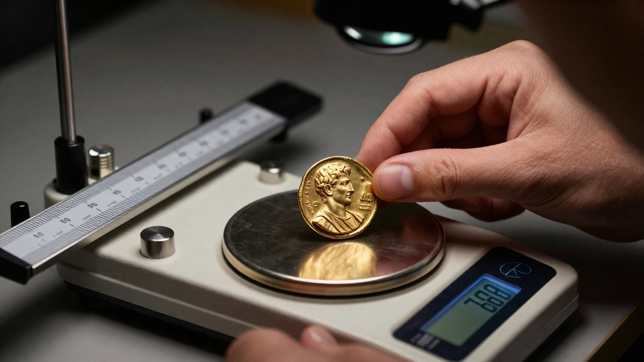 Una mano experta evalúa y pesa un antiguo Aureo romano en un estudio numismático.