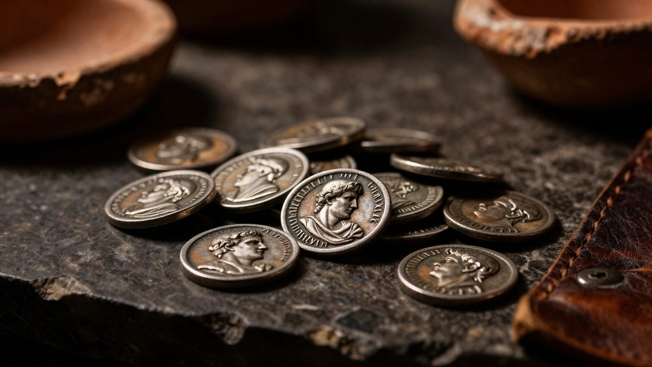 Pila de denarios romanos antiguos sobre una superficie de piedra, resaltando su importancia histórica.