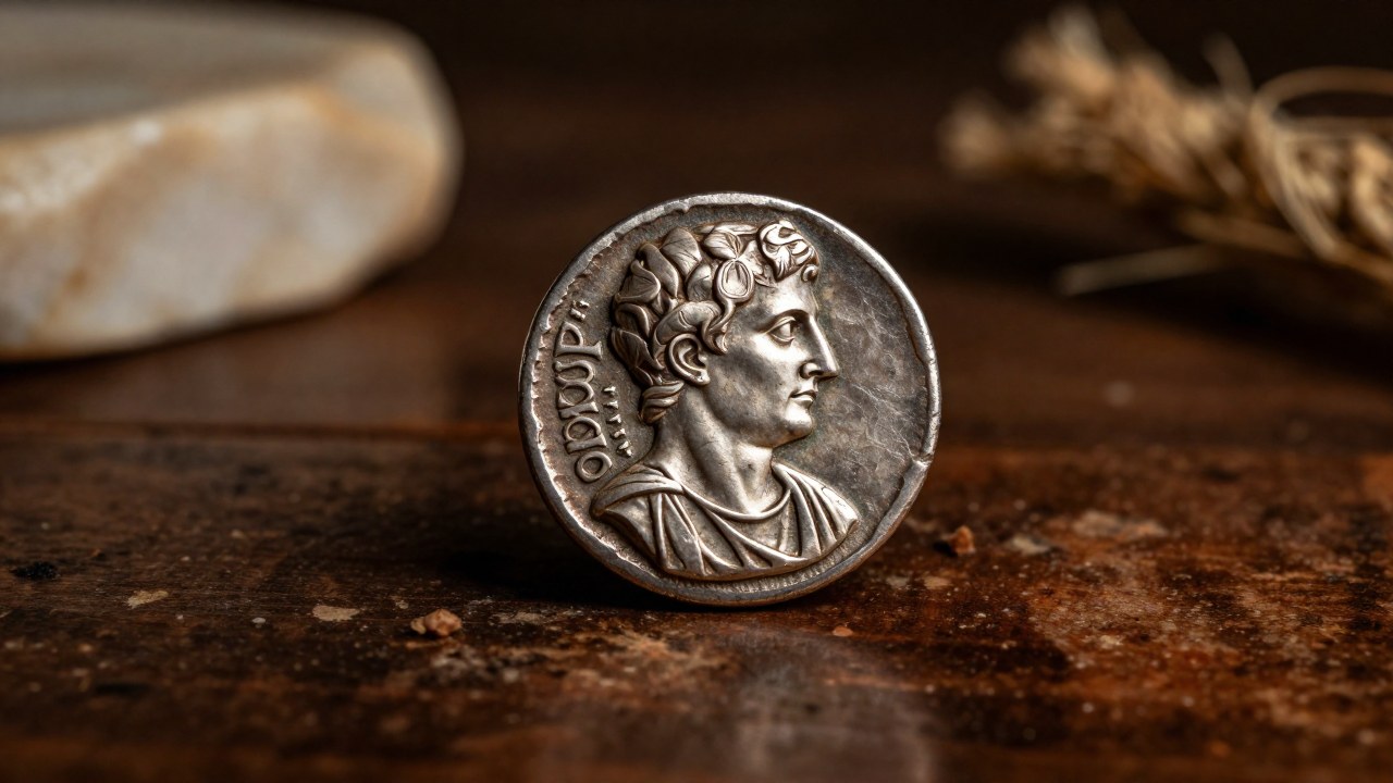 Denario Republicano romano de plata sobre superficie de madera antigua, resaltando su detalle e importancia histórica.