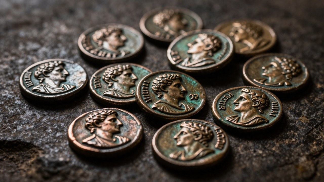 Conjunto de monedas romanas de época republicana expuesto sobre una superficie de piedra oscura.