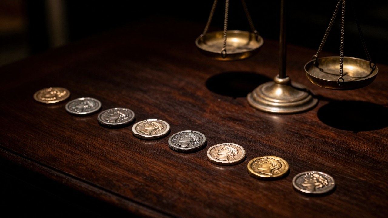 Serie de monedas romanas mostrando su evolución de densidad y masa, acompañadas de una balanza de comparación.