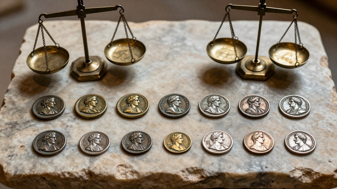 Denarios romanos de diferentes épocas junto a pesos antiguos ilustran la evolución de la estandarización monetaria.