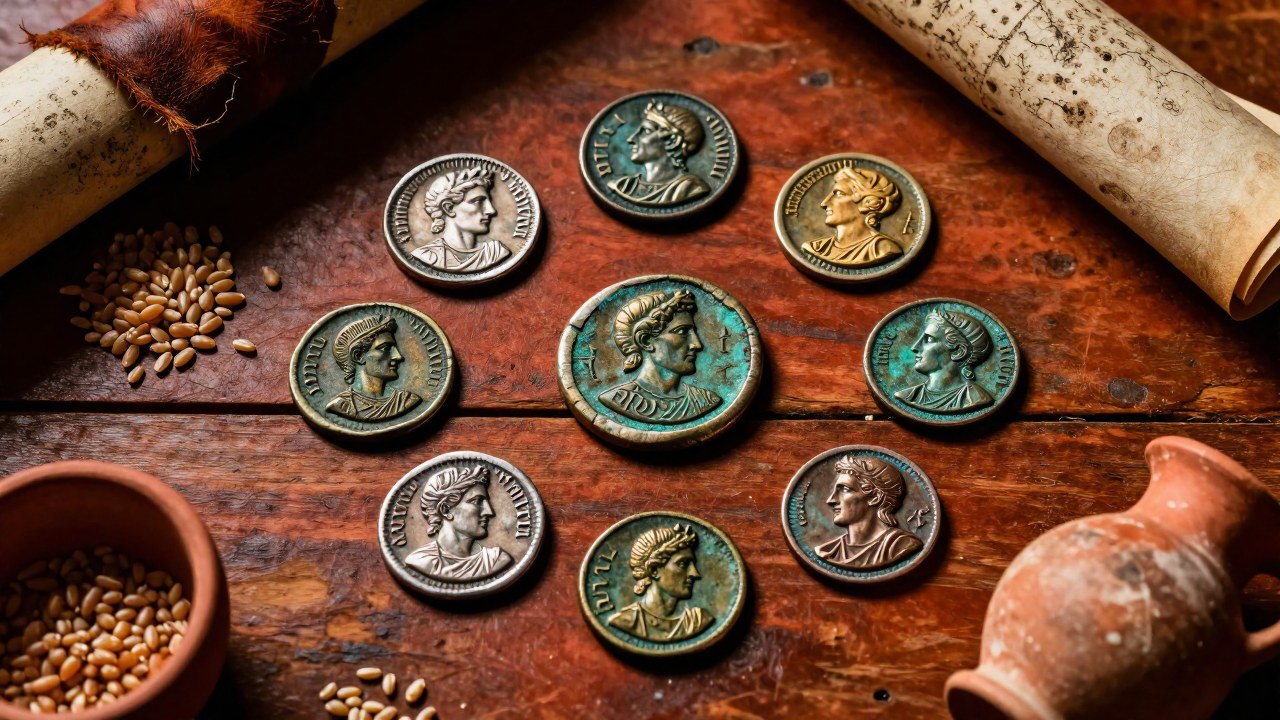 Monedas romanas antiguas sobre una mesa de madera, rodeadas de elementos de comercio como grano y pergaminos.