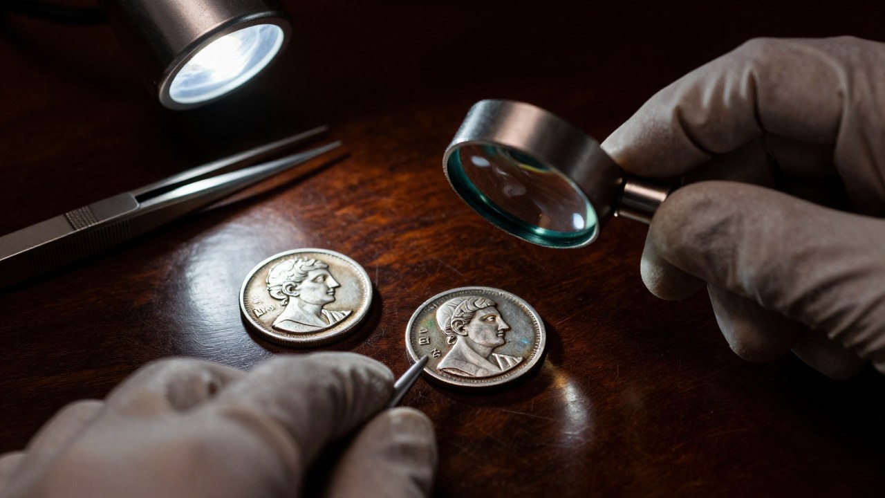 Un numismático examina una moneda de plata antigua bajo lupa para detectar una posible falsificación.