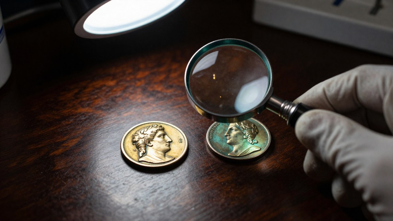 Mano con guante usa lupa para examinar dos drachmas antiguas en una superficie de madera.