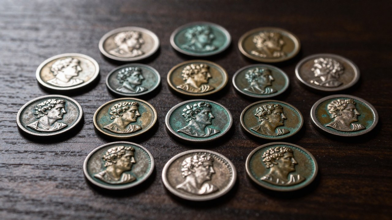 Colección de monedas romanas antiguas exhibiendo detalles y errores de acuñación sobre madera oscura.