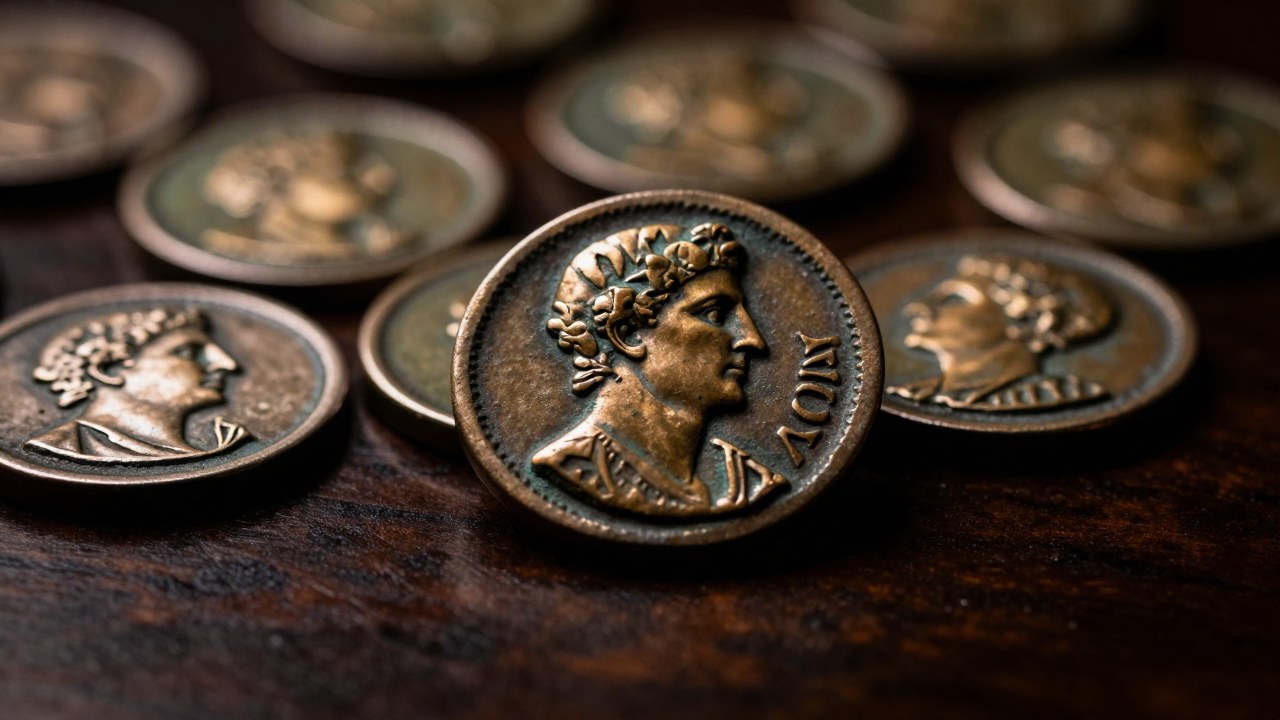 Un grupo de monedas romanas antiguas sobre madera, con énfasis en una pieza con error de acuñación o hibridismo.
