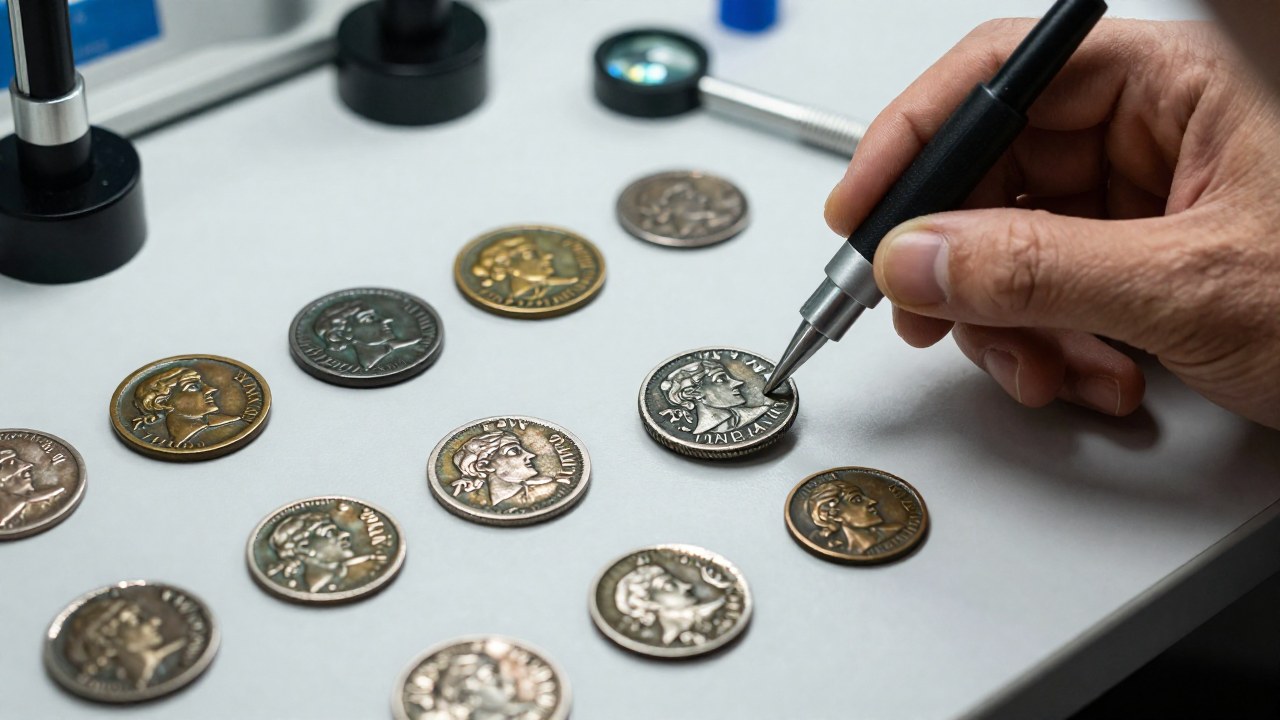 Un numismático examina monedas romanas antiguas con defectos de acuñación utilizando herramientas de análisis en un laboratorio.