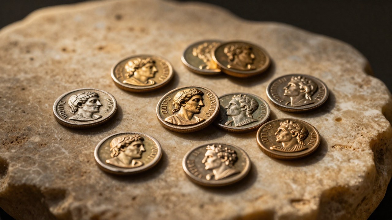 Antiguas drachmas atenienses esparcidas sobre una superficie de piedra texturizada y envejecida.