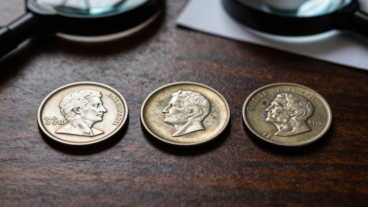 Tres monedas comparan diferentes errores de acuñación, como un diseño incompleto o un detalle borroso.