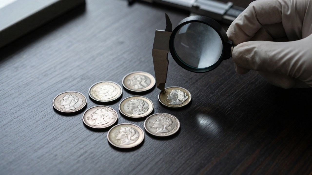 Un experto numismático examina monedas raras para identificar defectos como el cuño empastado y el cospel faltado.