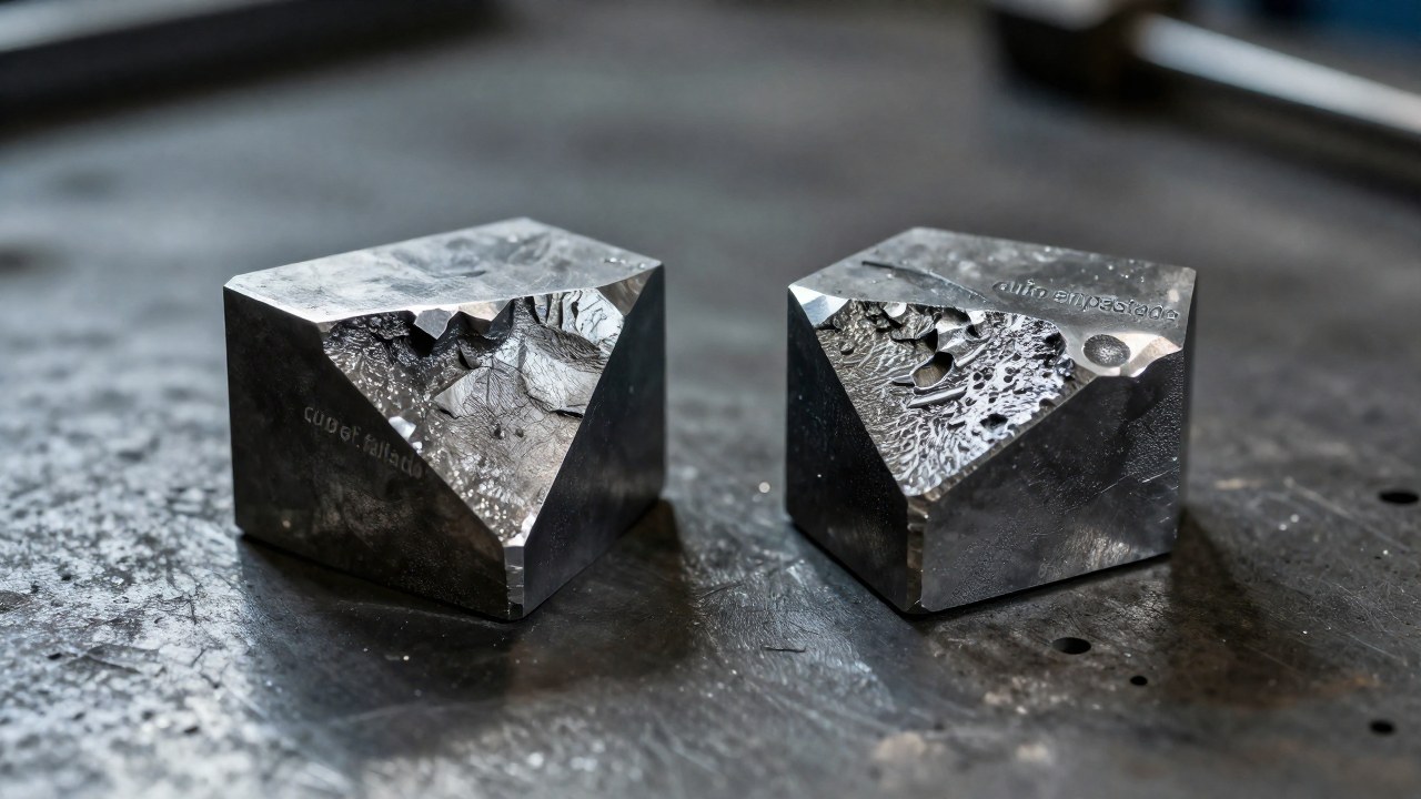 Comparación de dos defectos metalúrgicos en piezas de metal: cospel faltado y cuño empastado.