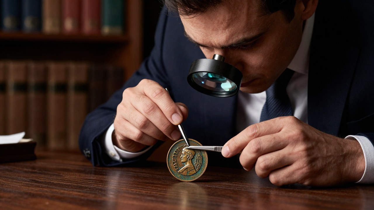 Numismata examina detalladamente una antigua moneda de bronce utilizando una lupa y unas pinzas en un escritorio.