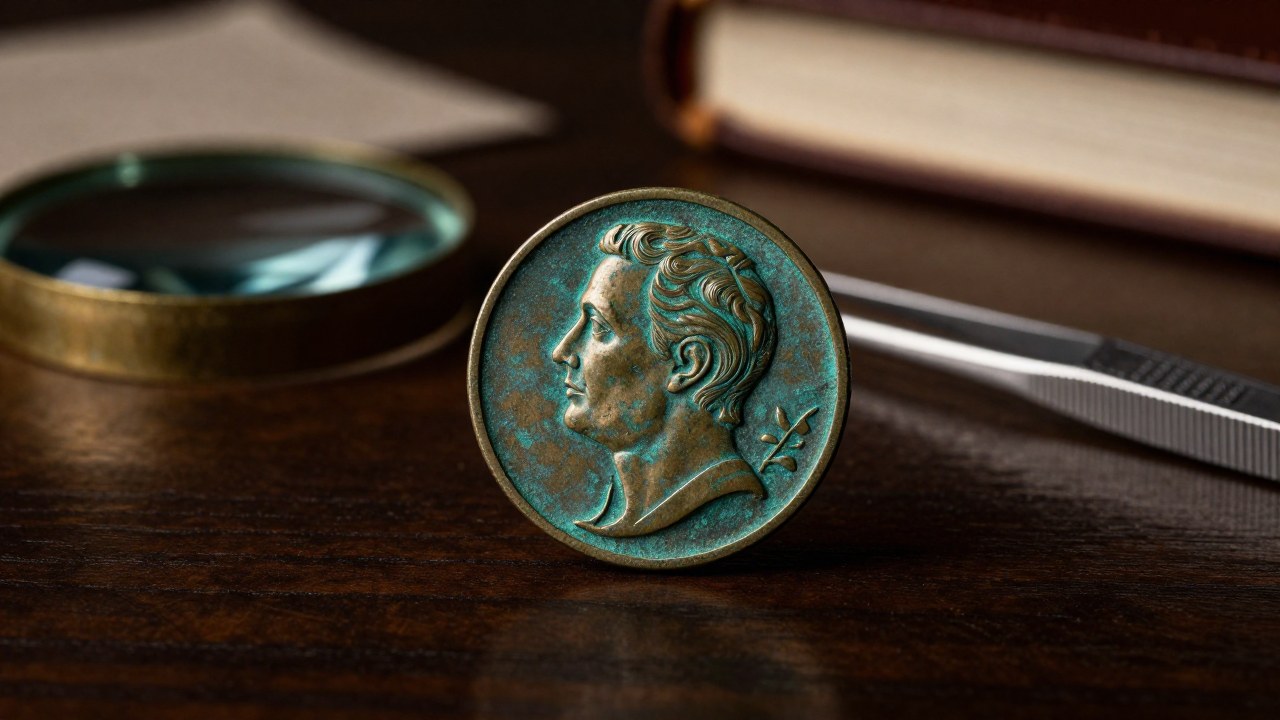 Moneda de bronce antigua y patinada exhibida sobre una mesa junto a herramientas numismáticas para su estudio.