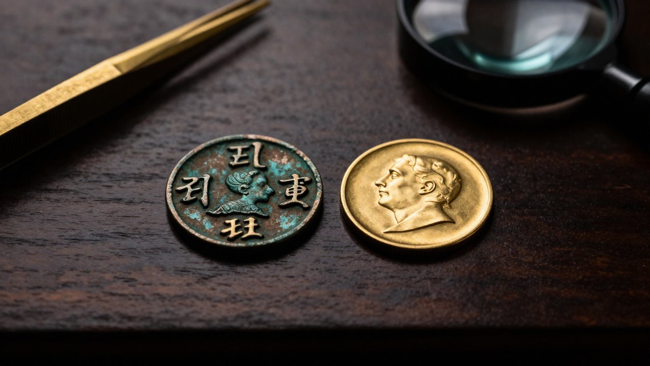 Dos muestras numismáticas antiguas, un token de bronce y una moneda de oro, se comparan con herramientas de examen especializadas.