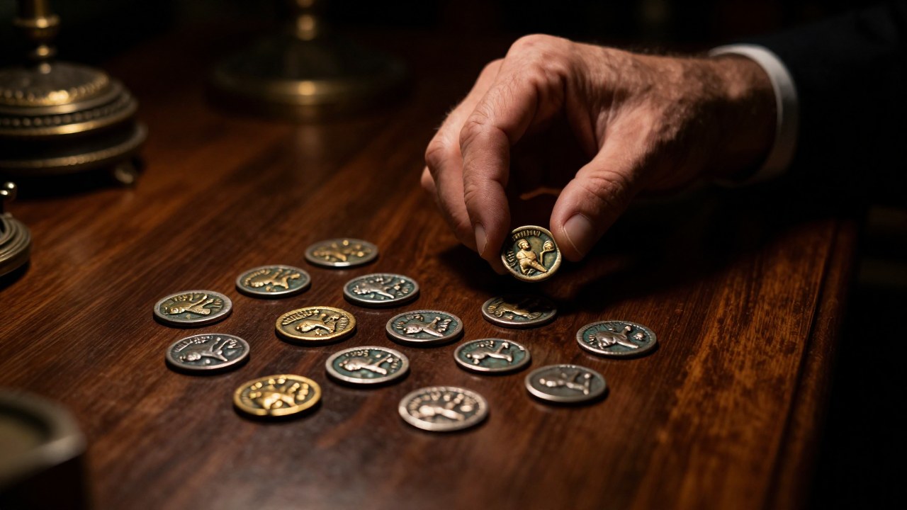 Numismático examina meticulosamente monedas romanas raras sobre un escritorio pulido.