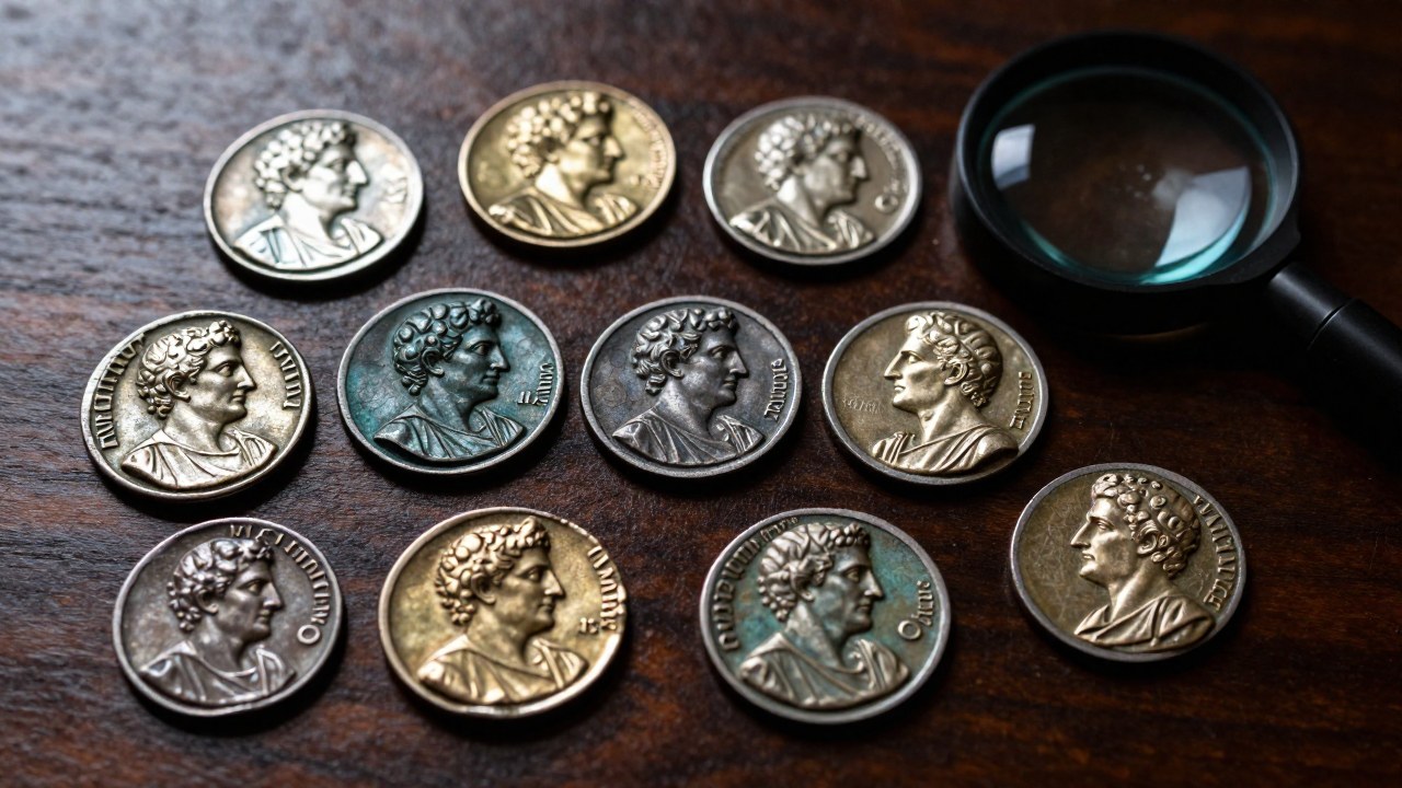 Colección de monedas romanas antiguas expuestas sobre madera para un estudio numismático detallado.