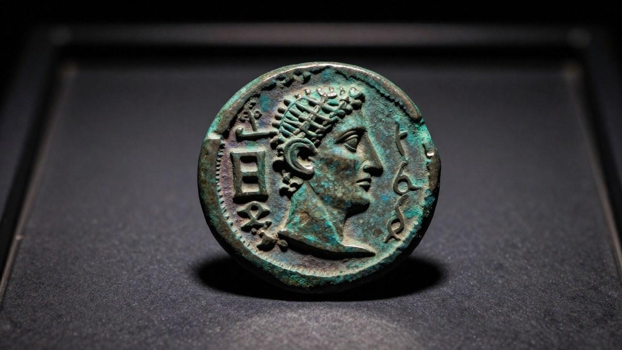 Moneda de bronce antigua y desgastada, con intrincados motivos iconográficos históricos.