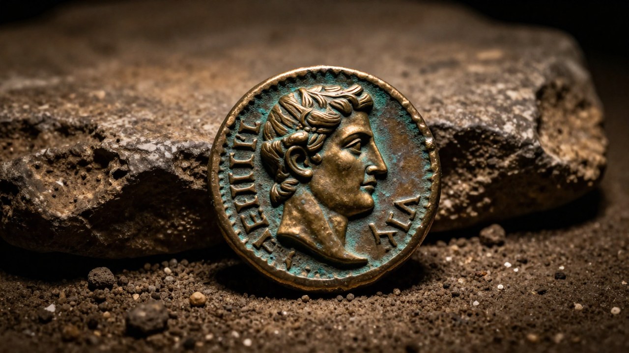Moneda antigua sestercio asturiano sobre superficie arqueológica, detallando su iconografía e historia.