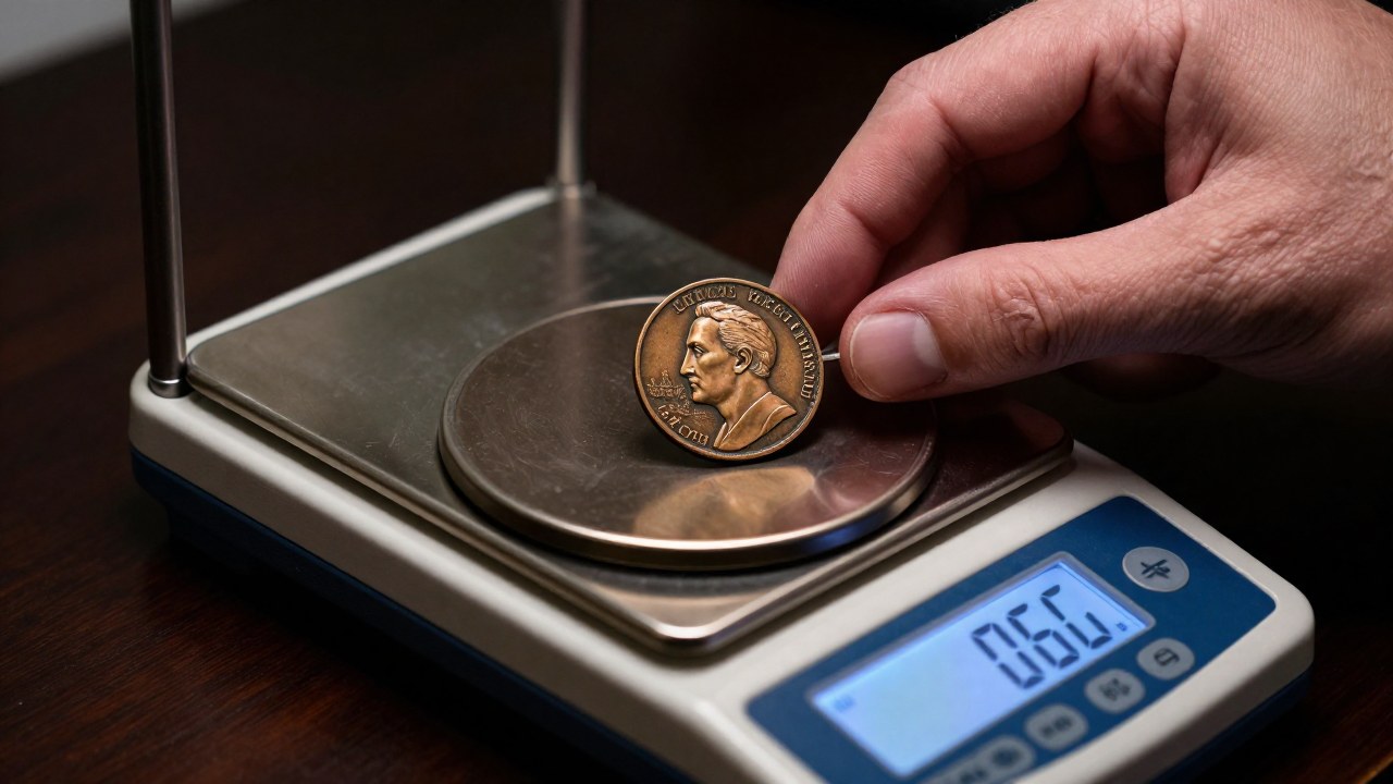 Una mano guía una moneda antigua de bronce sobre una balanza de precisión para su autenticación numismática.