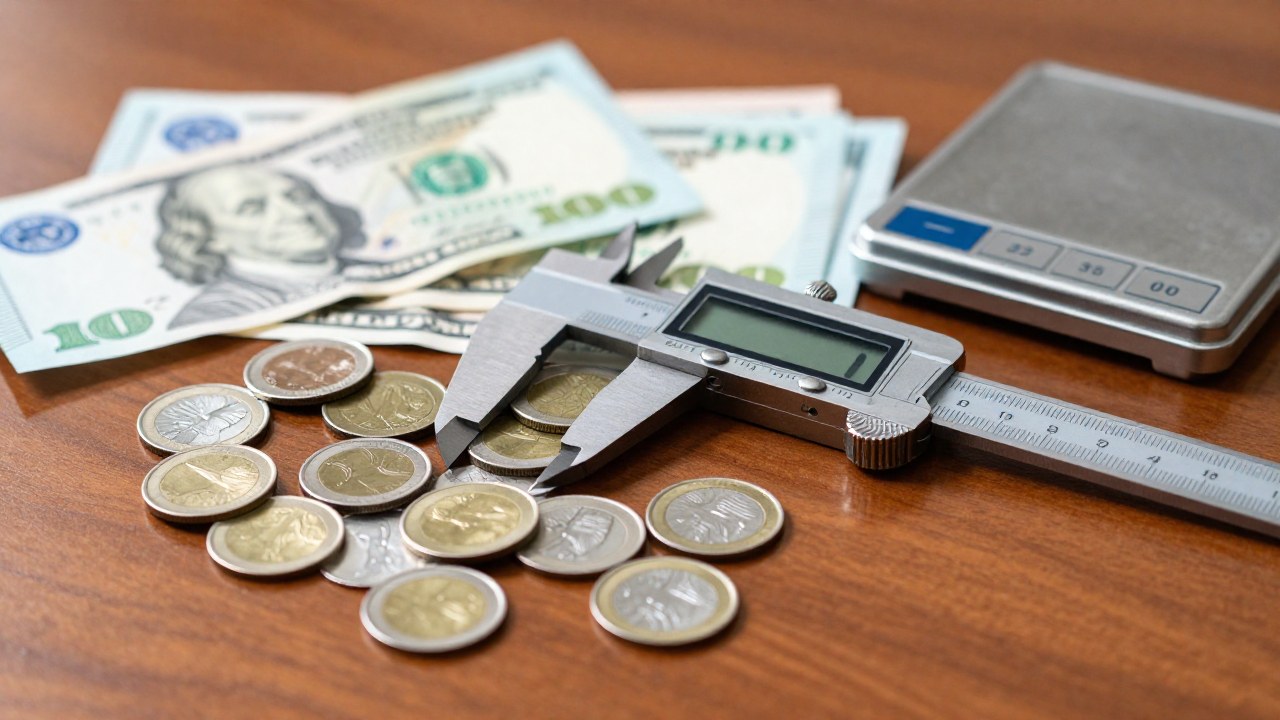 Herramientas de precisión como calibradores y báscula miden monedas y billetes para su autenticación.
