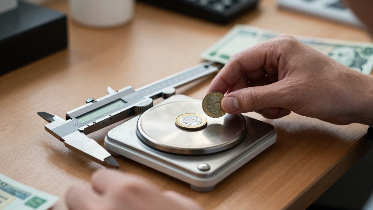 Mano profesional colocando moneda y billete en balanza de precisión para autenticación numismática.
