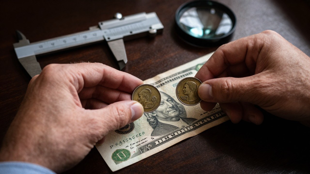 Un numismático examina moneda y billete antiguos utilizando herramientas para verificar su autenticidad.
