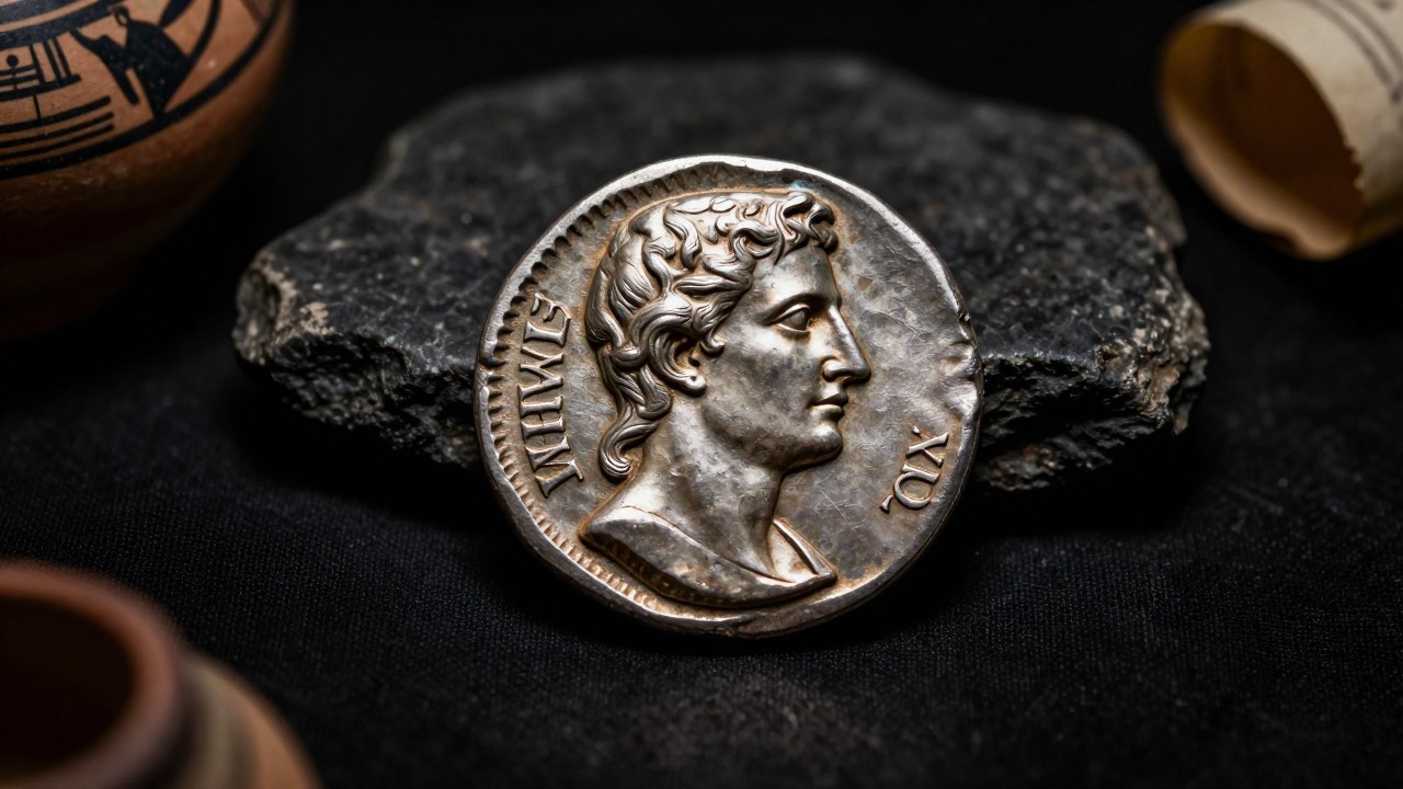 Dracma ateniense antigua de plata, centrada sobre un fondo arqueológico oscuro y texturizado.