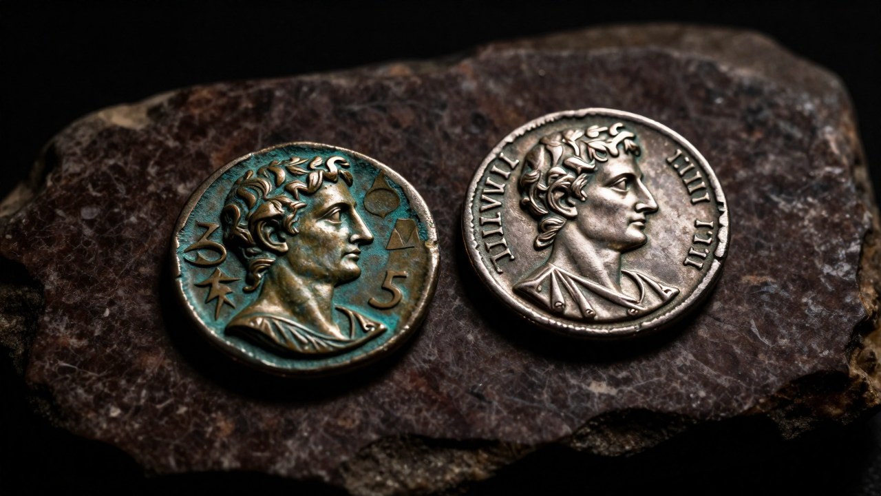 Monedas antiguas del sistema helenístico junto a una romana contrastan, simbolizando la transición de poder económico.